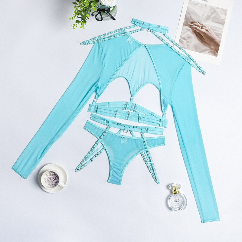 4-Piece Gothic Lingerie Set Women 11 Colors Backless Fancy Black Halter Mesh Bandage Exotic Sets