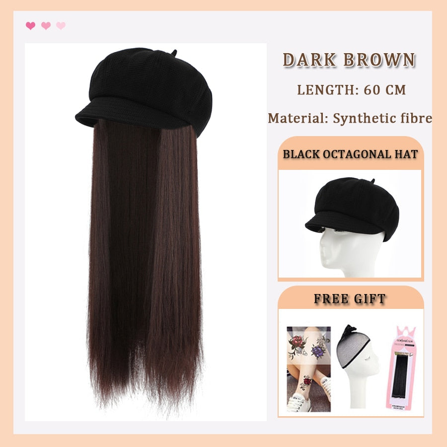 Black White Baseball Cap with Wig Long Straight Hair Curly Hair Hat Wig