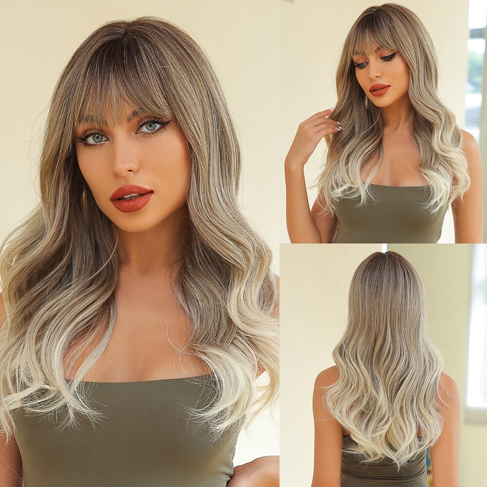 Long Wavy Brown Blonde Highlight Synthetic Wigs with Bang