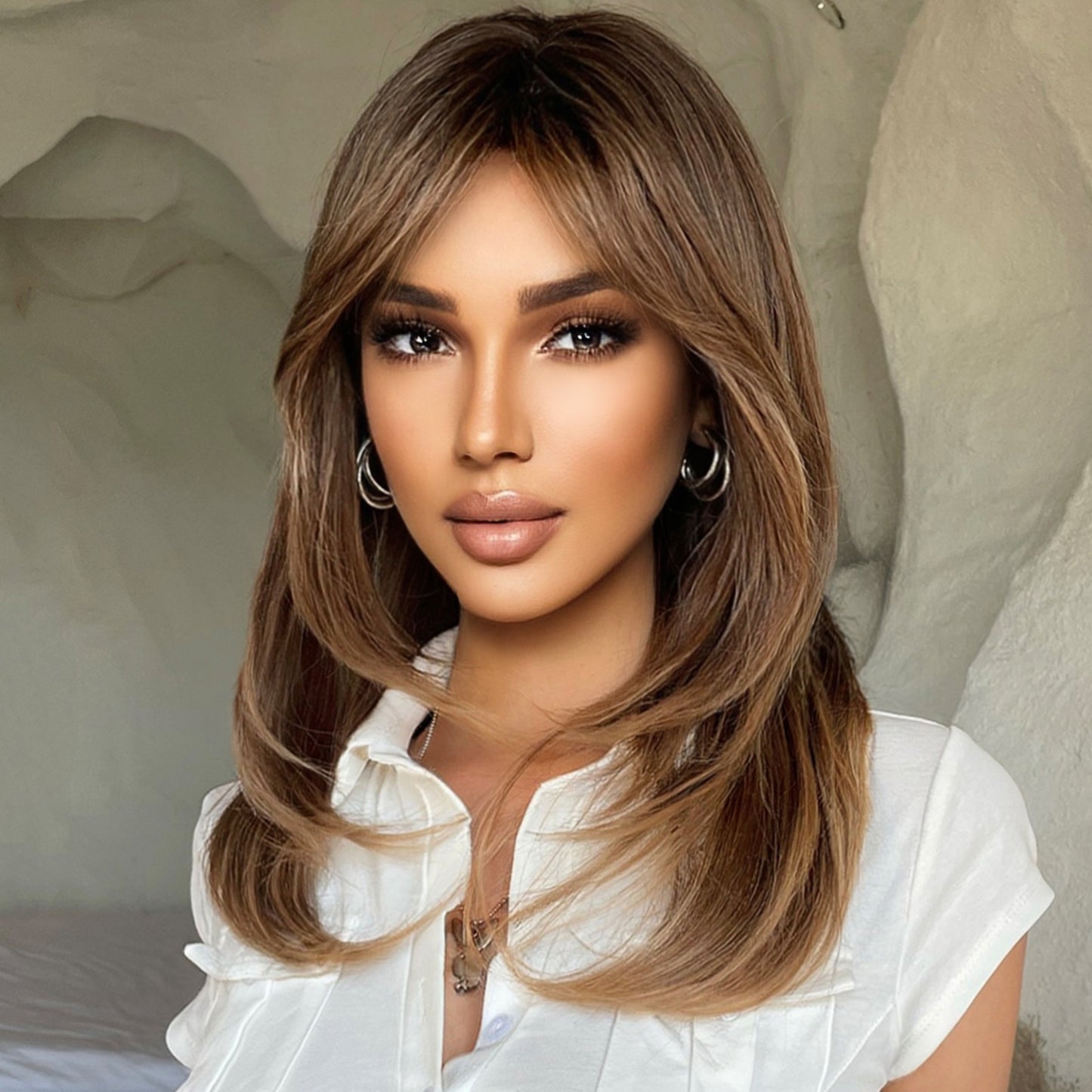 Medium Length Brown Highlight Layered Synthetic Wigs Natural Straight Hairs Wig