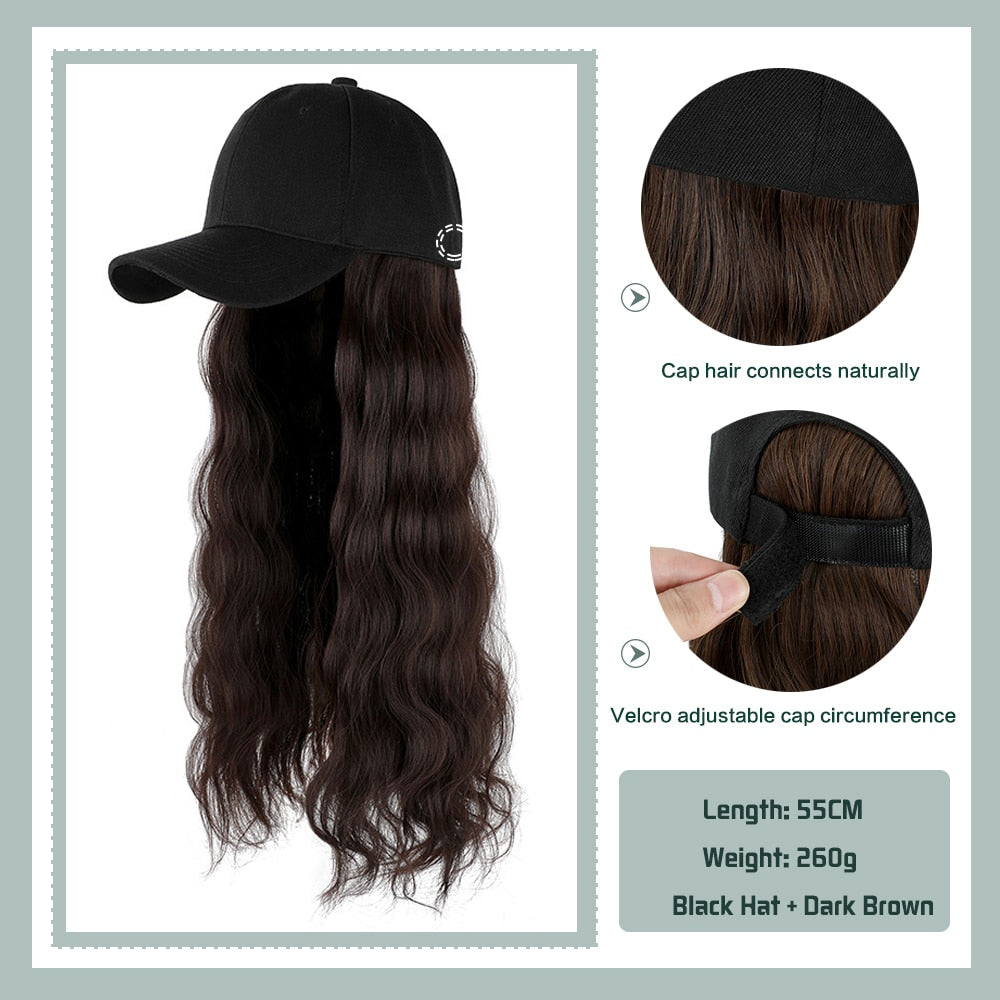 Black White Baseball Cap with Wig Long Straight Hair Curly Hair Hat Wig