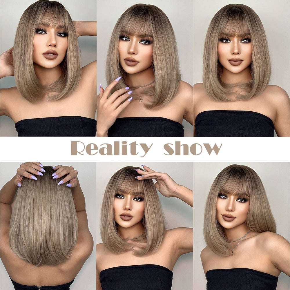 Golden Brown Short Straight Bob Synthetic Wigs with Bangs