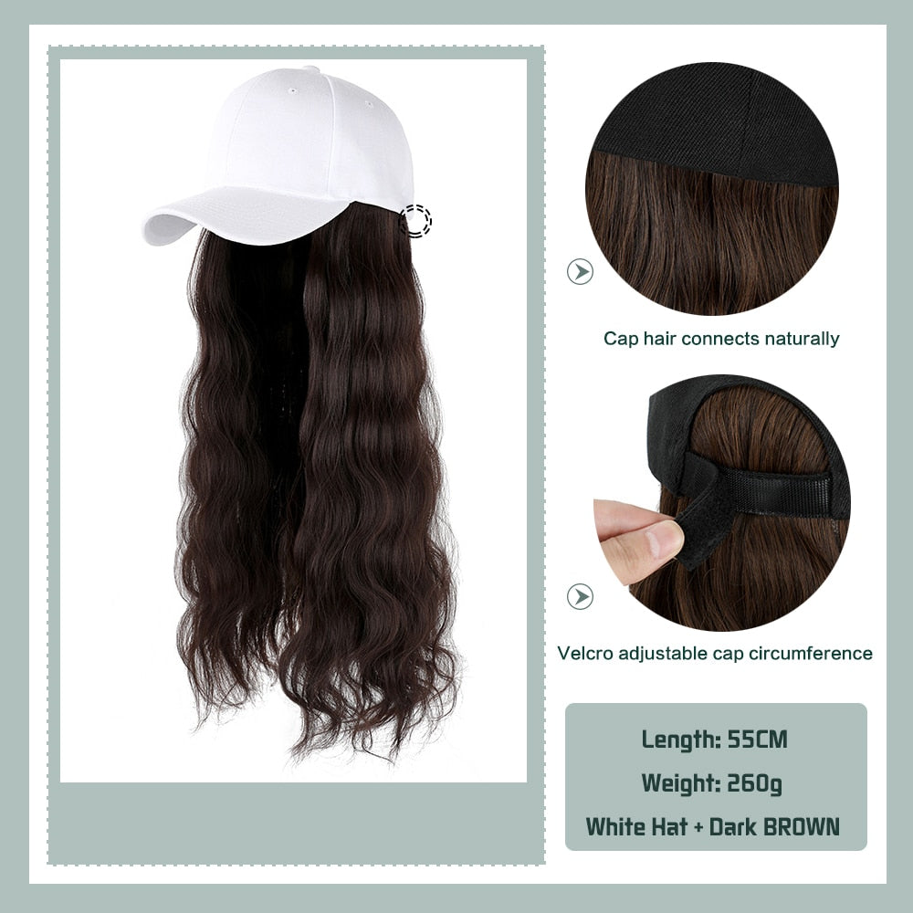 Black White Baseball Cap with Wig Long Straight Hair Curly Hair Hat Wig