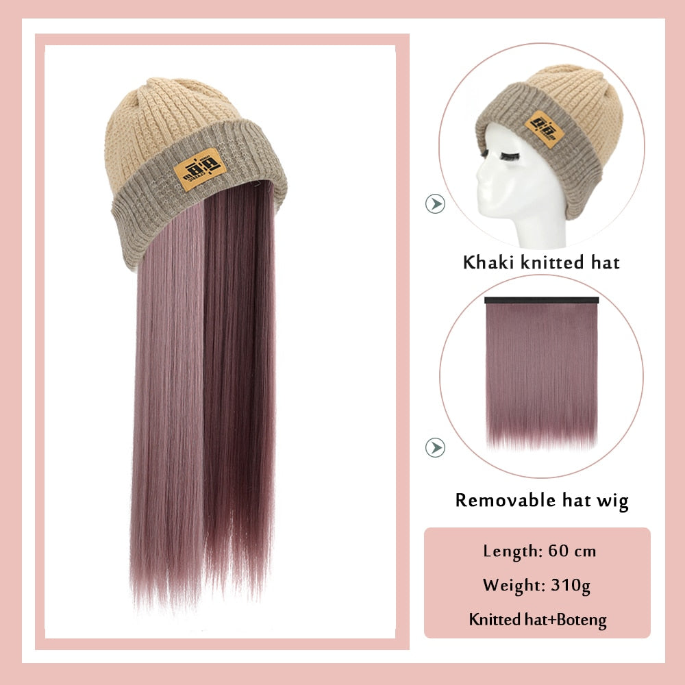 Black White Baseball Cap with Wig Long Straight Hair Curly Hair Hat Wig