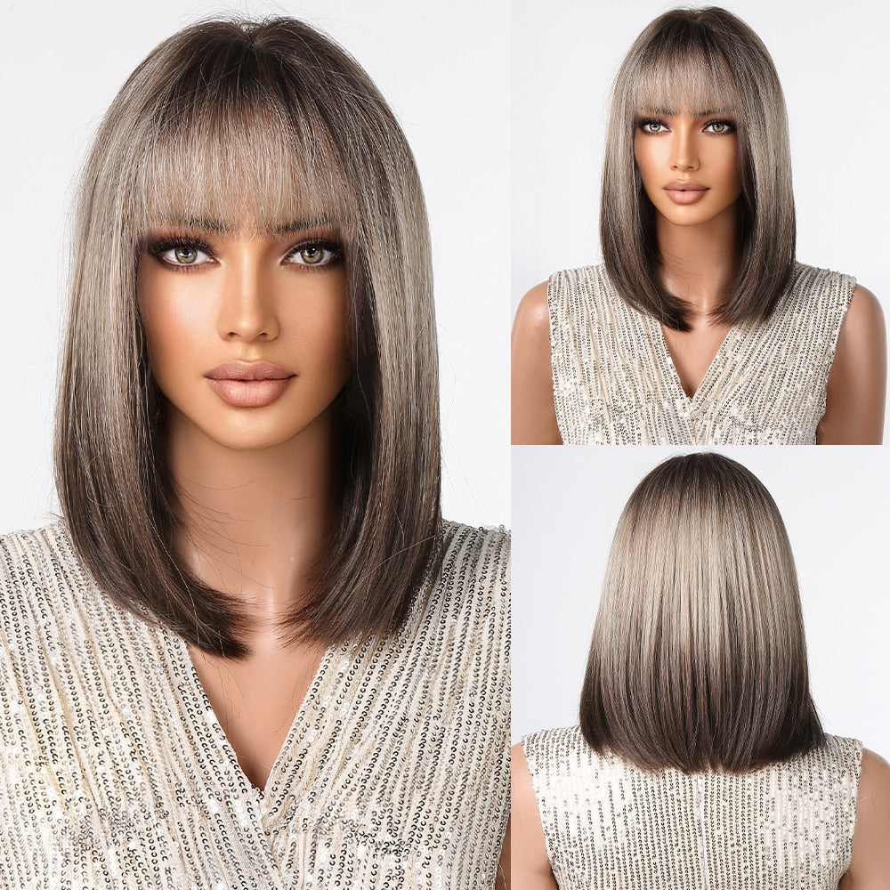 Orange Ombre Brown Short Straight Synthetic Wigs with Bangs