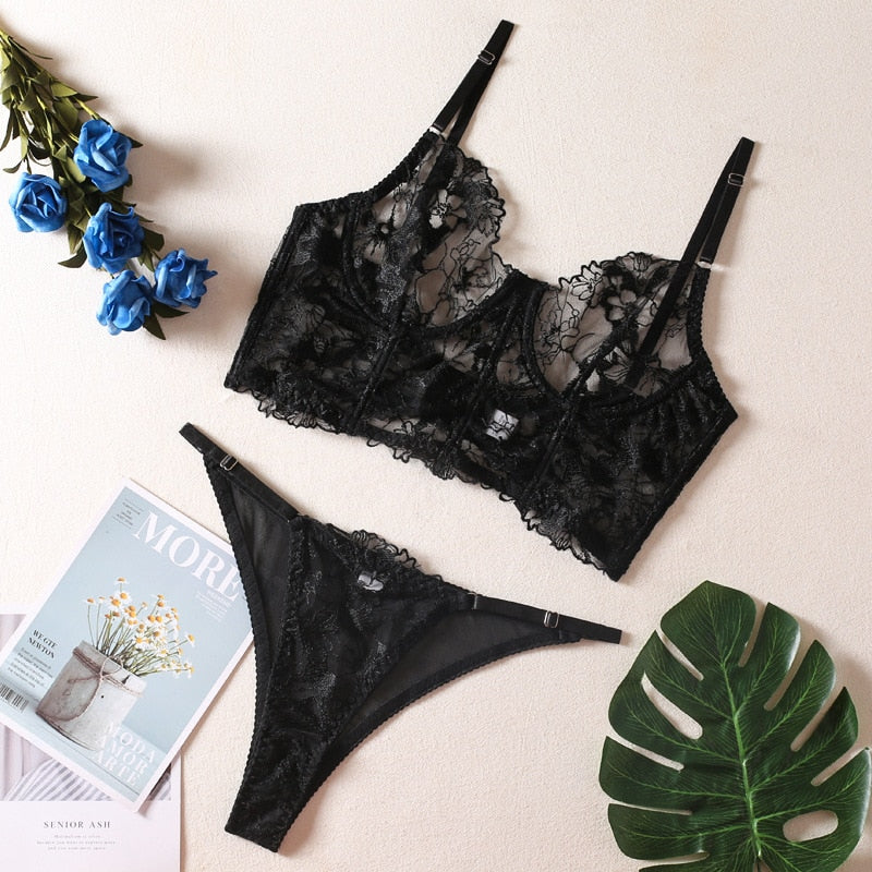 Floral Embroidery Lingerie Set Women 2-Piece Transparent Fancy Sexy Erotic Set Black Brief Kit Clubwear