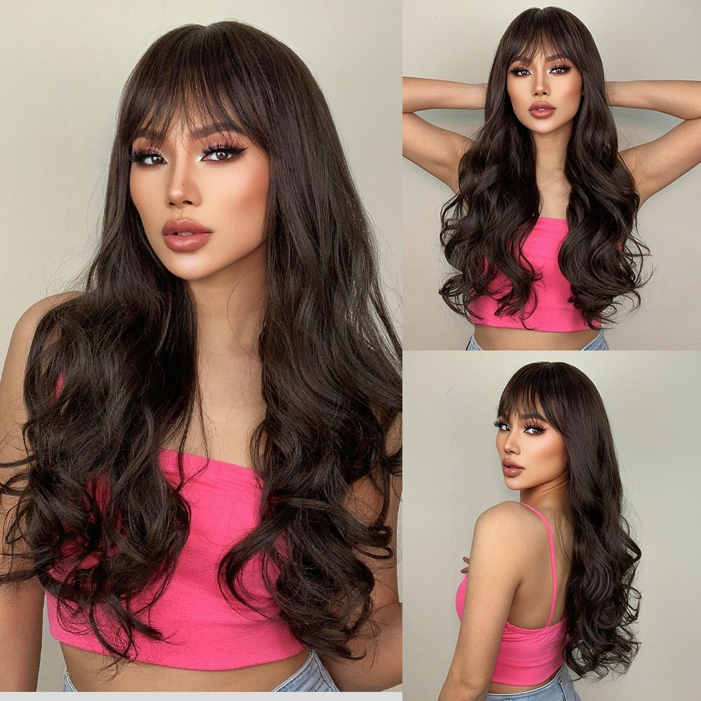 Long Black Wavy Synthetic Wigs with Bangs