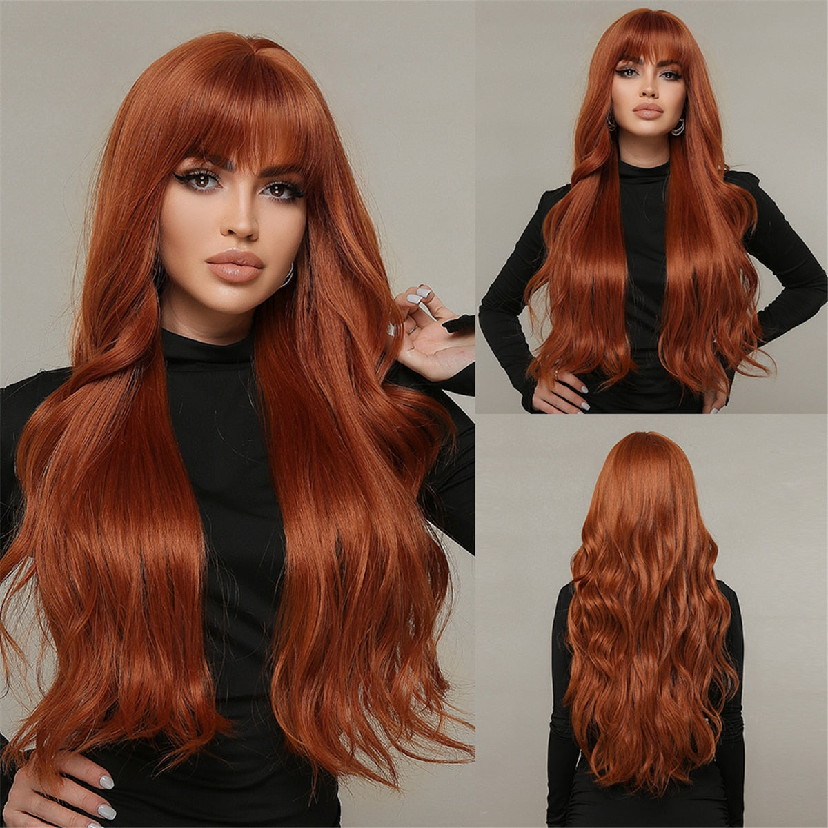 Dark Ombre Wine Red Brown Synthetic Long Wavy Wigs with Bangs