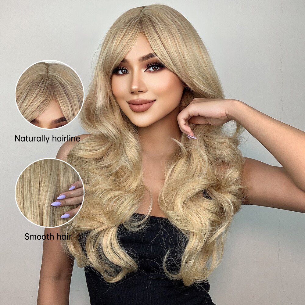 Platinum Blonde Synthetic Curly Long Wavy Wig with Bangs