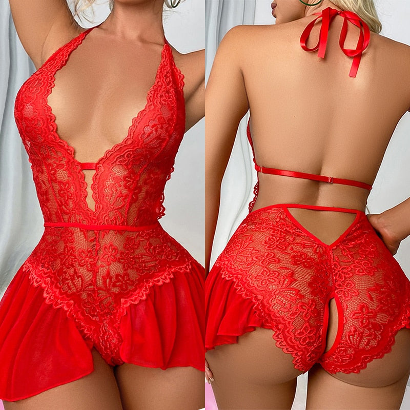 Sexy Wedding Crotchless Lace Women Babydoll Dress