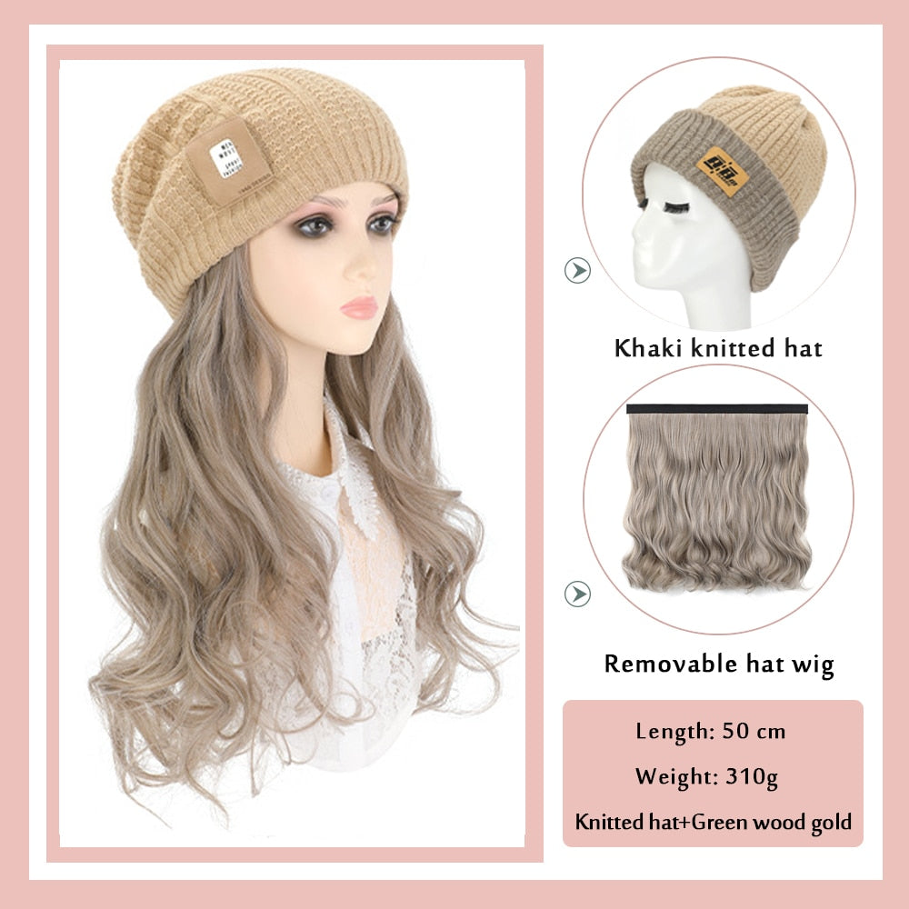 Black White Baseball Cap with Wig Long Straight Hair Curly Hair Hat Wig