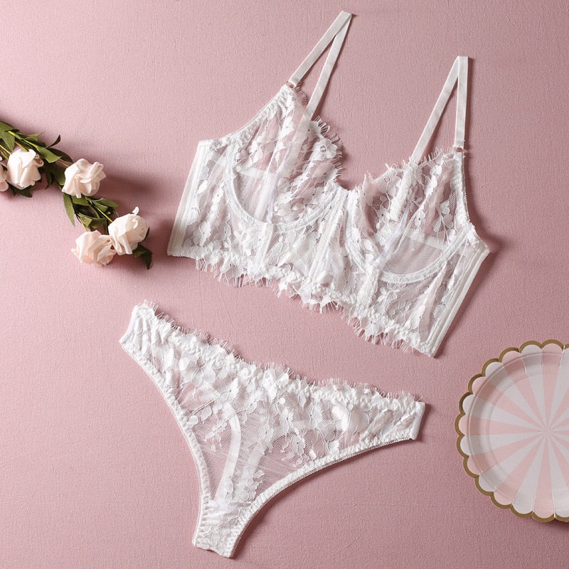 2-Piece Lace Bra Set Women 3 Colors Transparent Camisole Brief Lingerie Set Erotic Set
