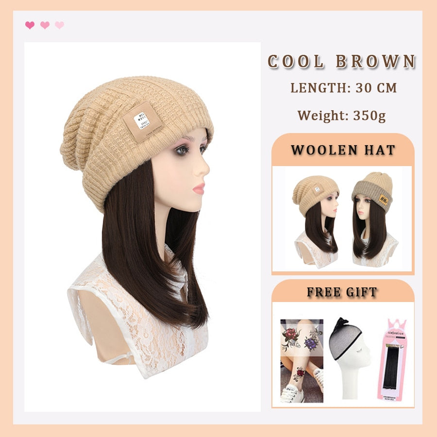 Black White Baseball Cap with Wig Long Straight Hair Curly Hair Hat Wig