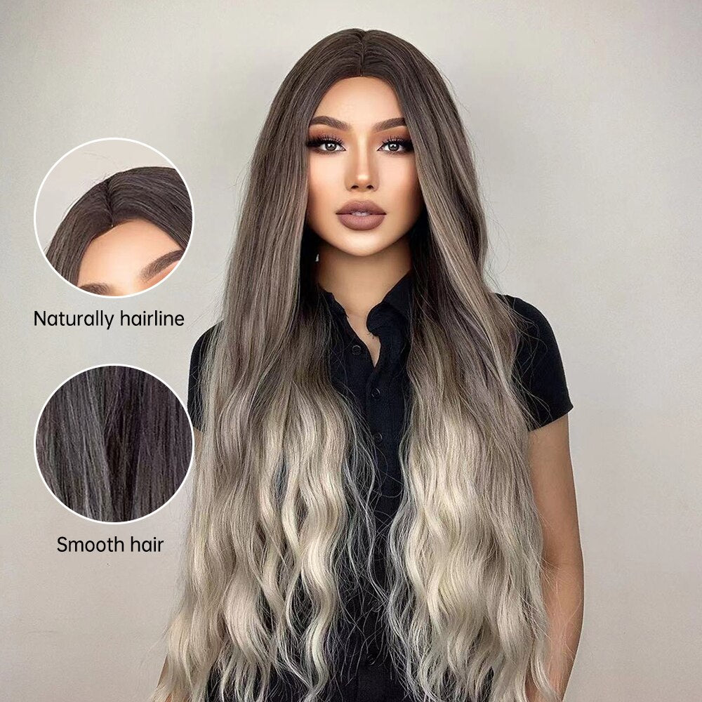 Ombre Silver Ash Long Curly Wavy Synthetic Wig