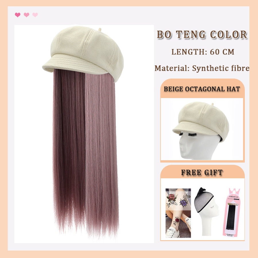 Black White Baseball Cap with Wig Long Straight Hair Curly Hair Hat Wig