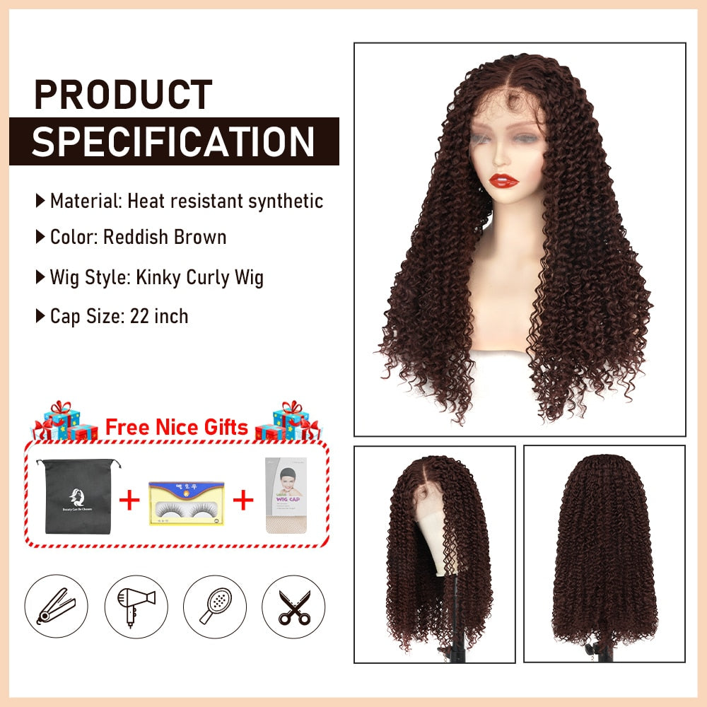 Reddish Brown Kinky Curly Wig Synthetic Lace Front Wigs Pre Plucked With Baby Hair Lace Closure Wig