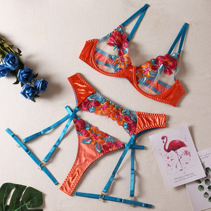 3-Piece Contrast Color Lace Bra Set Women 10 Colors Embroidery Panty Underwear Set Ladies Blue Sexy Lingerie Set