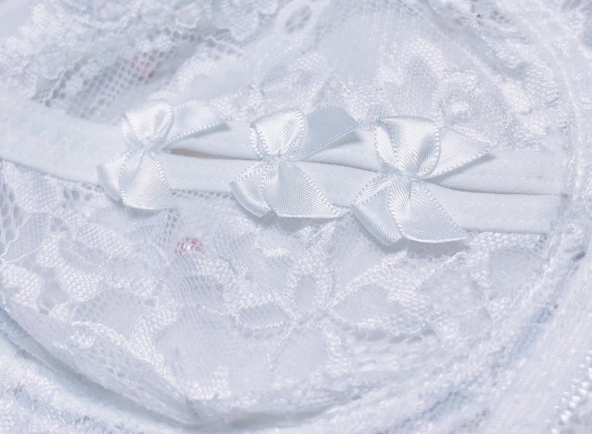 Bridal White Floral Lace Lingerie Set 4-Piece Garter Sheer Lace Sensual Exotic Bra + Panty Underwear Set