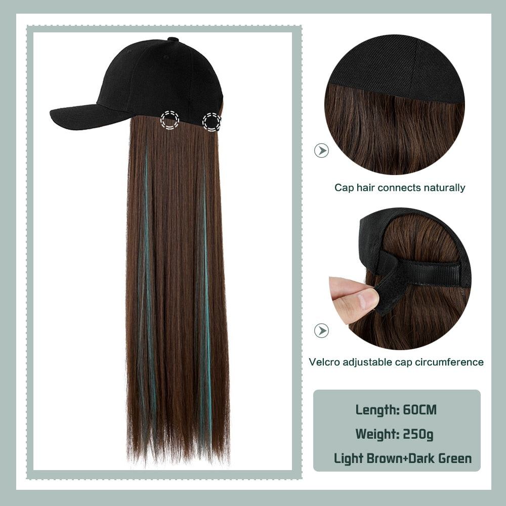 Black White Baseball Cap with Wig Long Straight Hair Curly Hair Hat Wig