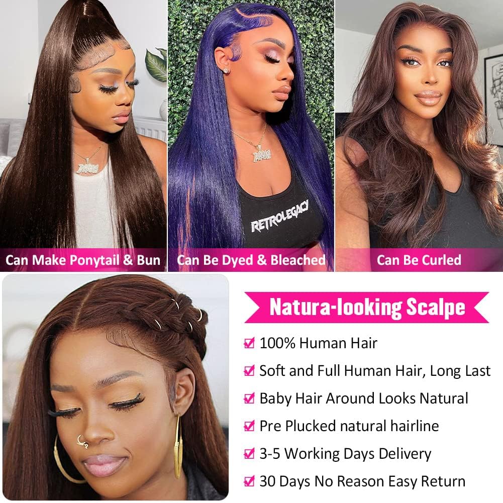 Brown Long Straight Lace Frontal HD Human Hair Wigs