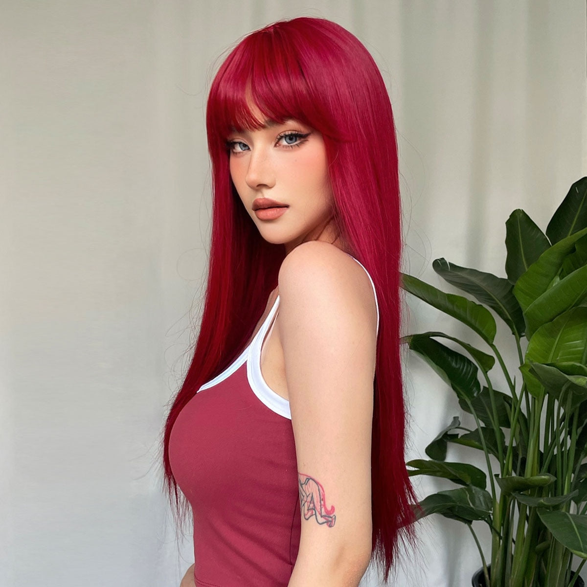 Light Wine Red Long Straight Hair Synthetic Wigs With Bangs