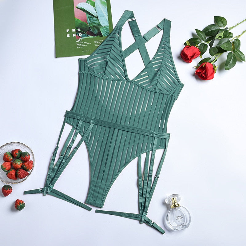 Deep V Neck Stripes Bodysuit Women Mesh Bodysuit One Piece Black SexyTeddies Femme