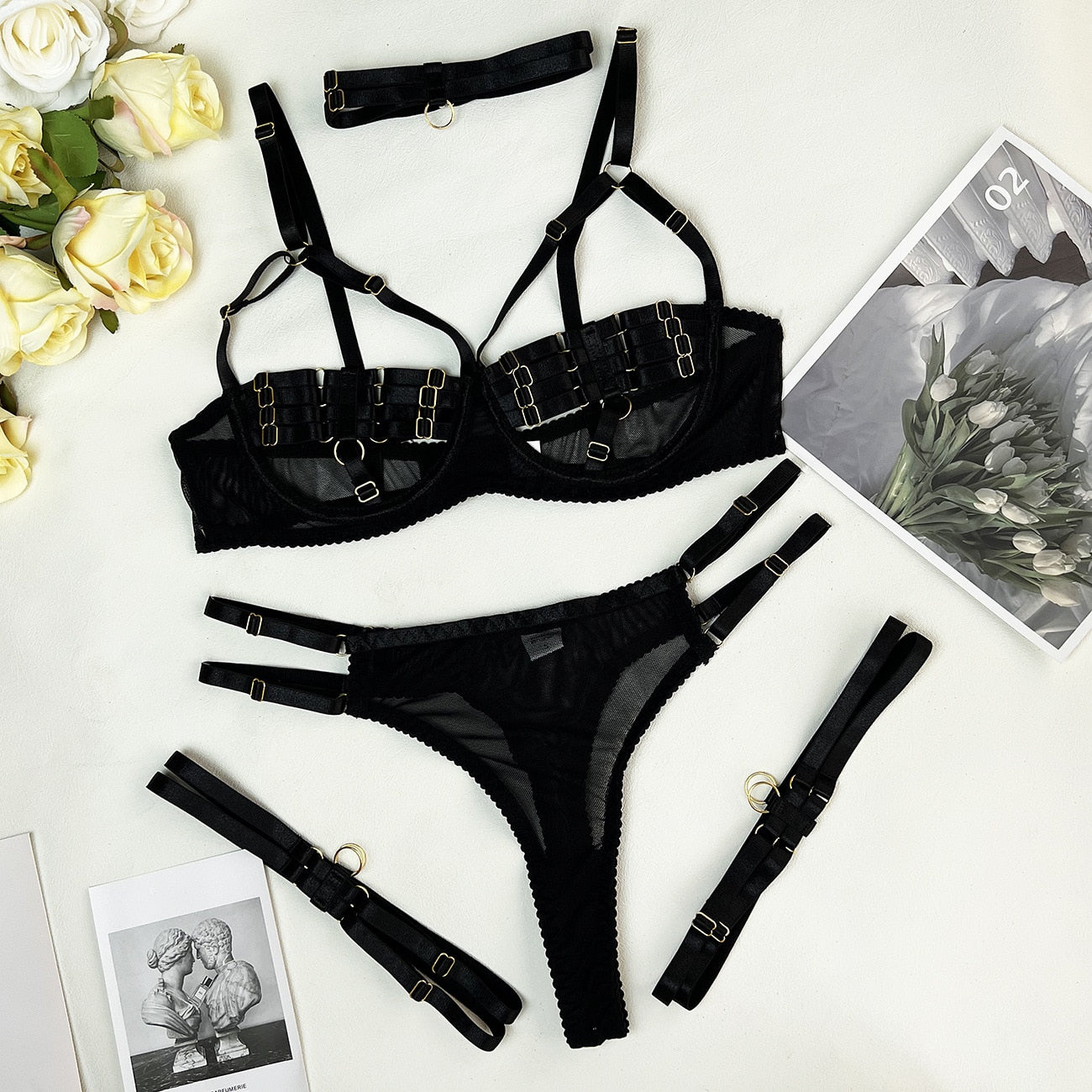 4-Piece Bandage Erotic Set Women Choker Cut Out Solid Vintage Purple Sexy Lingerie Set Breif Kit