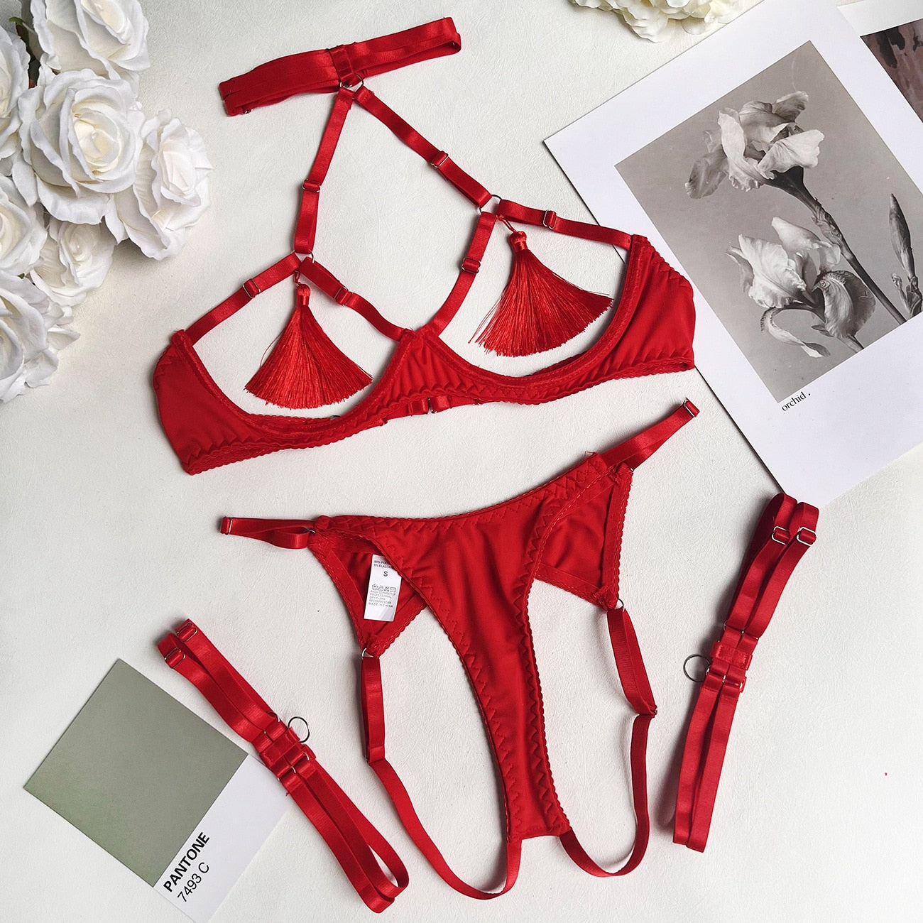 Women Tassel Halter Back Sexy Erotic Set Red/Black Lingerie Set