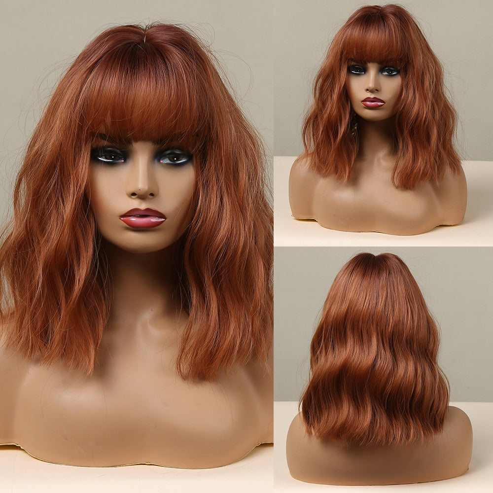 Red Copper Ginger Synthetic Wigs with Bangs Medium Length