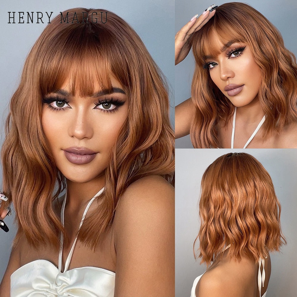 Red Copper Ginger Synthetic Wigs with Bangs Medium Length