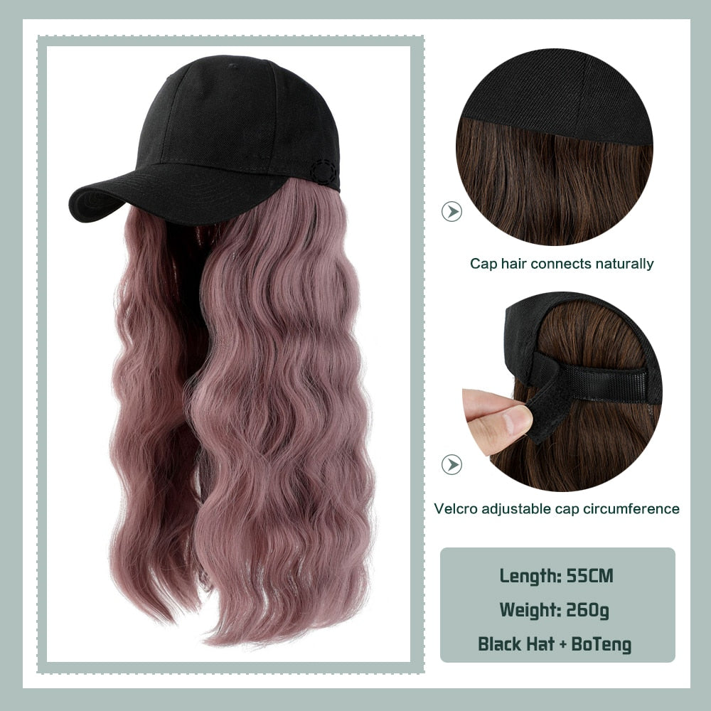Black White Baseball Cap with Wig Long Straight Hair Curly Hair Hat Wig