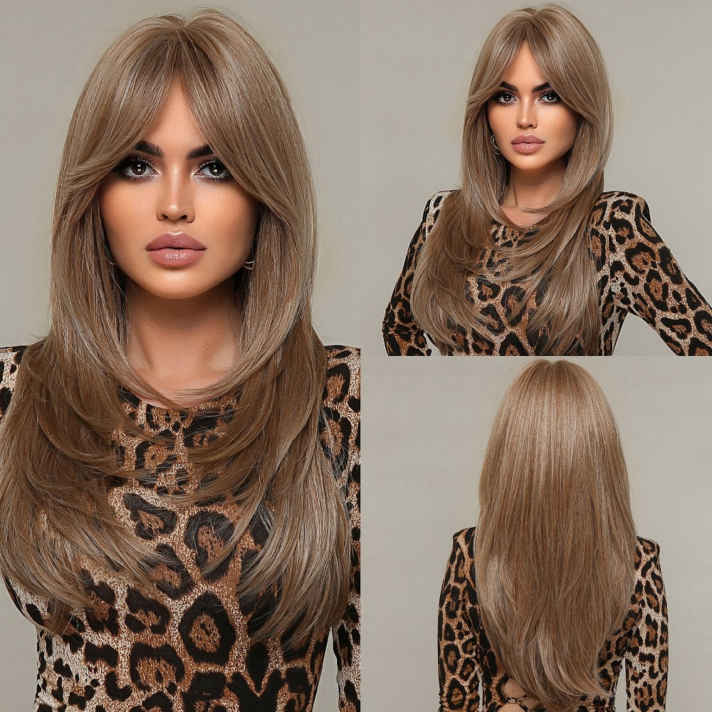 Medium Length Brown Highlight Layered Synthetic Wigs Natural Straight Hairs Wig
