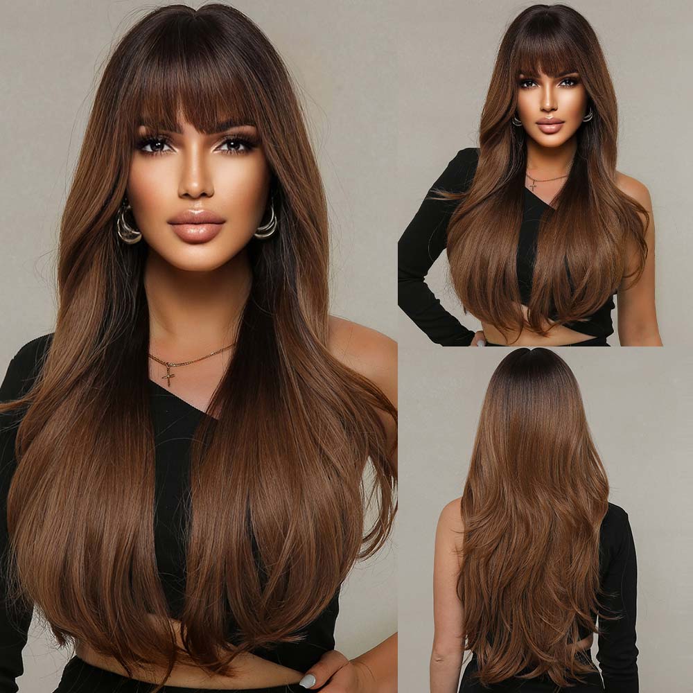 Dark Ombre Wine Red Brown Synthetic Long Wavy Wigs with Bangs