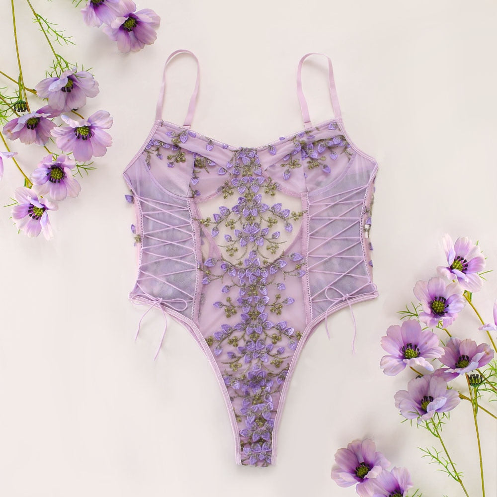 Floral Embroidery Lace Bodysuit Women 15 Colors String Lace Up Fancy Sexy Bodysuit Body Femme