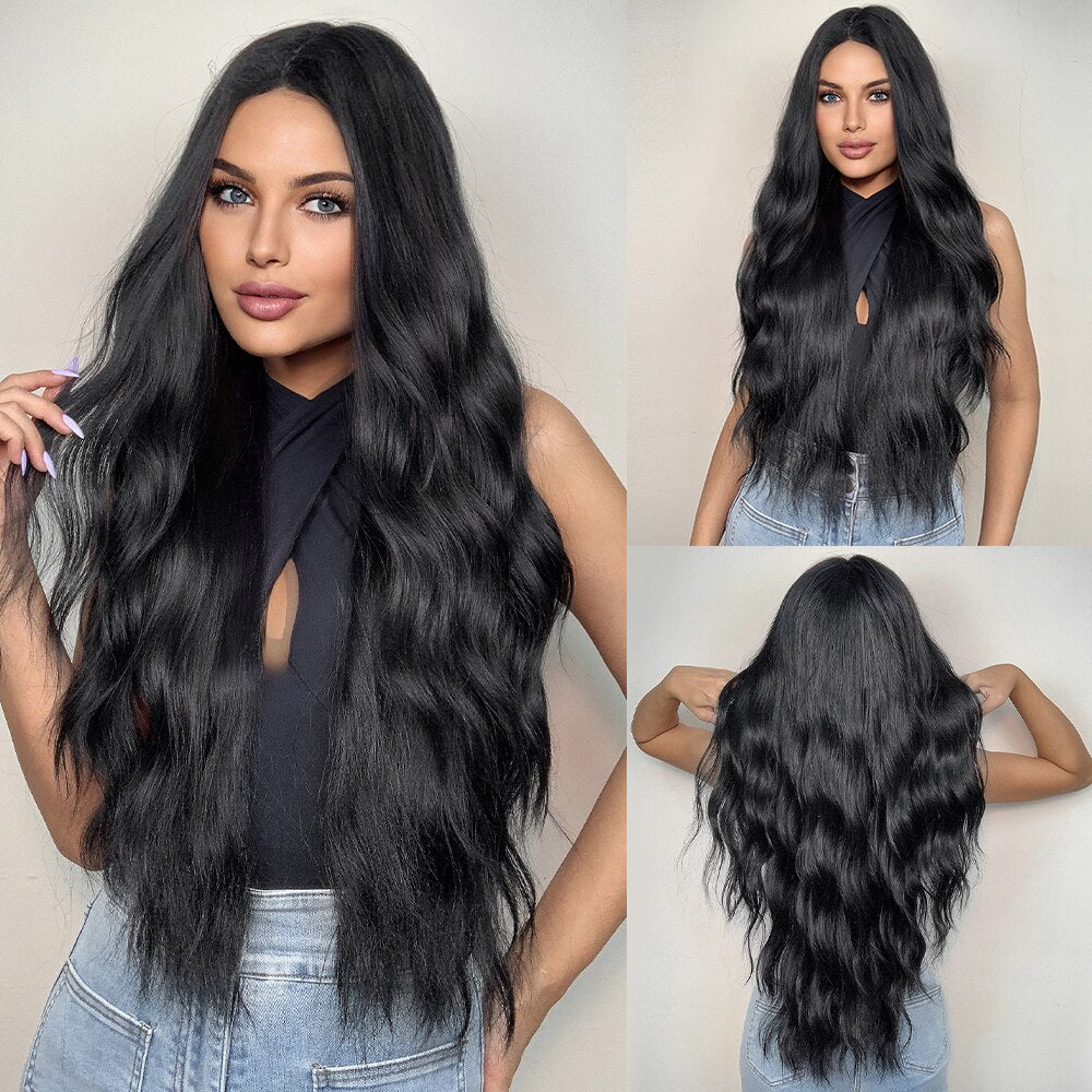 Brown Long Curly Wavy Synthetic Wigs with Blonde Highlights