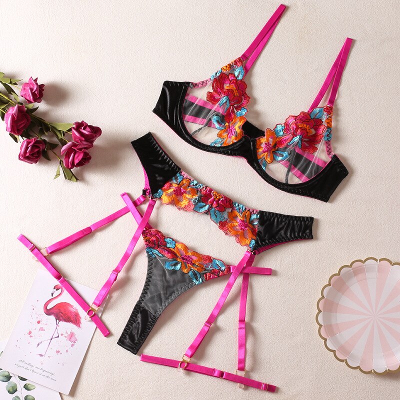 3-Piece Contrast Color Lace Bra Set Women 10 Colors Embroidery Panty Underwear Set Ladies Blue Sexy Lingerie Set