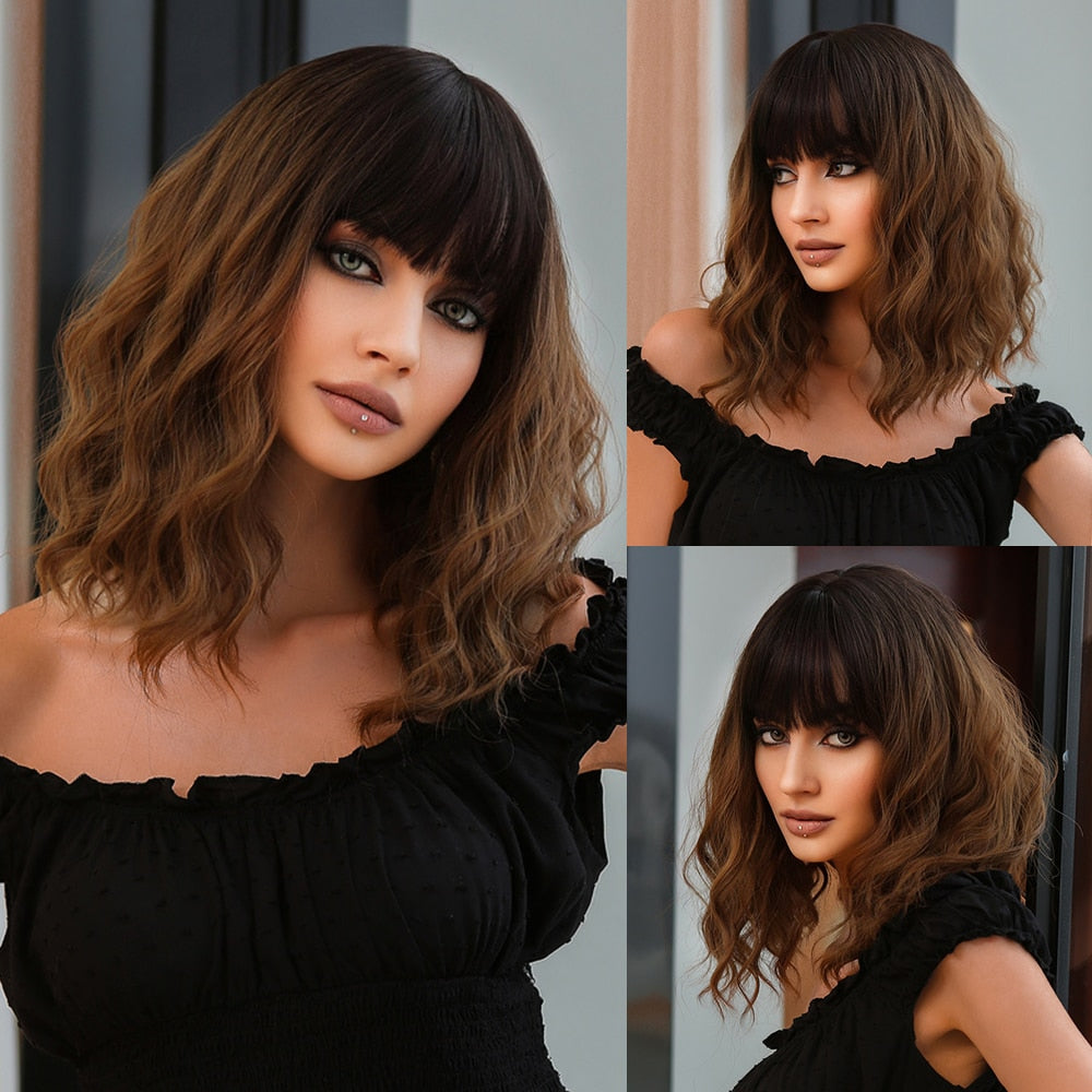 Red Copper Ginger Synthetic Wigs with Bangs Medium Length