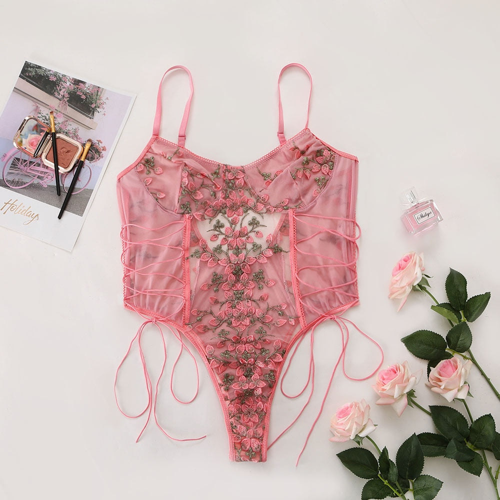 Floral Embroidery Lace Bodysuit Women 15 Colors String Lace Up Fancy Sexy Bodysuit Body Femme