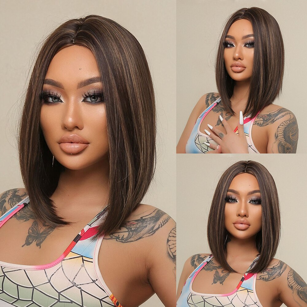 Orange Ombre Brown Short Straight Synthetic Wigs with Bangs