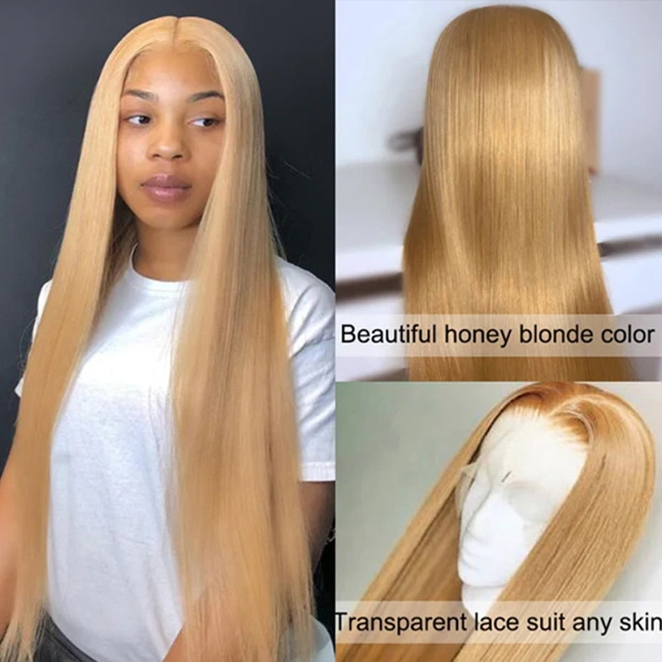 Honey Blonde Straight Human Hair Lace Frontal Wigs Brazilian 13X4 HD Lace Front