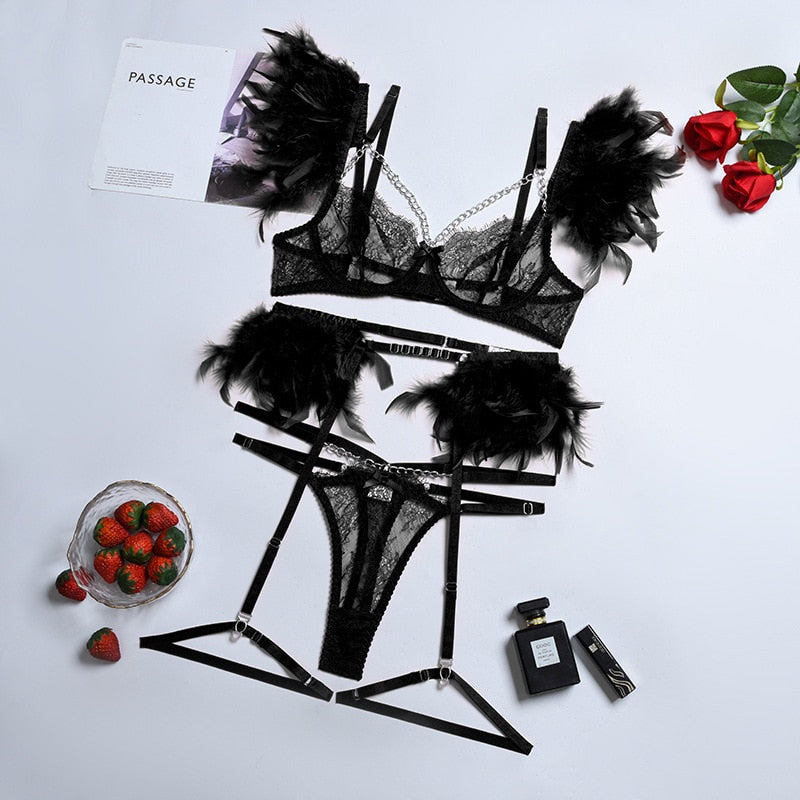 3-Piece Feather Decorated Lace Exotic Sets Women Sexy Lingerie Set Chain Panty Garter Fancy Luxury Kit