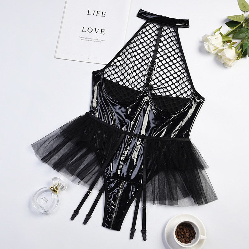 One Piece PU Leather Women Bodysuit Mesh Patchwork Black Bodysuit Sexy Erotic Body Femme Clubwear Overalls