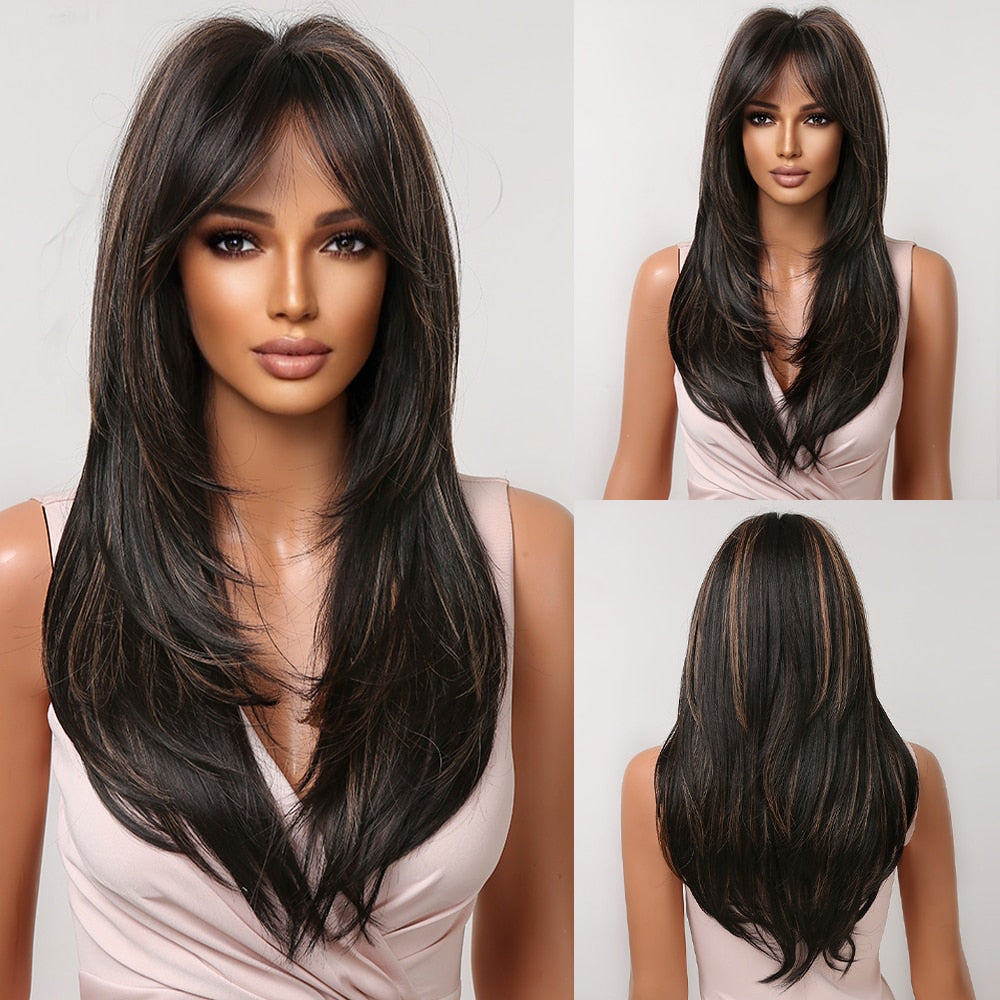 Brown Long Curly Wavy Synthetic Wigs with Blonde Highlights