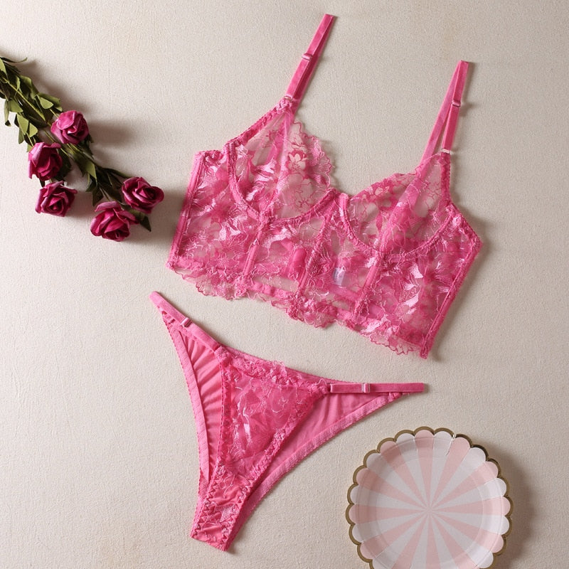 Floral Embroidery Lingerie Set Women 2-Piece Transparent Fancy Sexy Erotic Set Black Brief Kit Clubwear