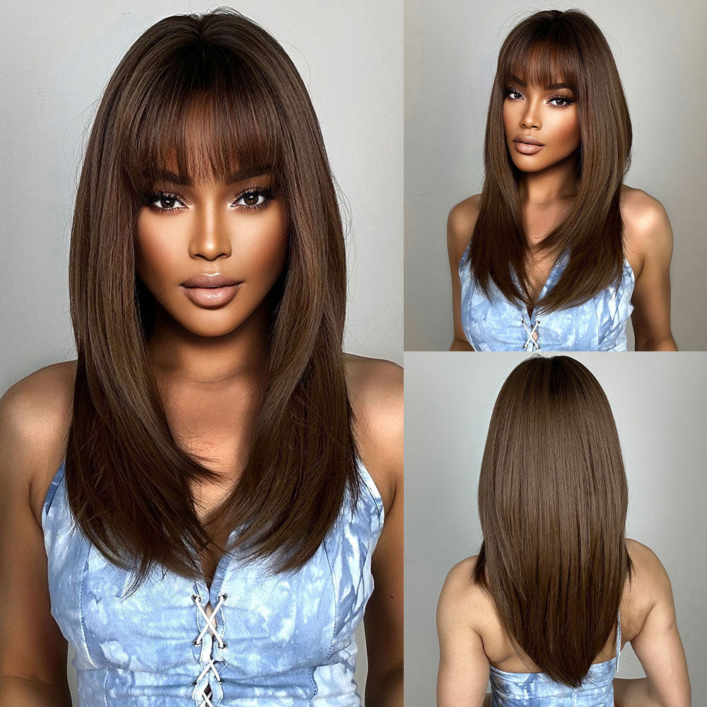 Pink Brown Ombre Straight Medium Lenght Synthetic Wigs