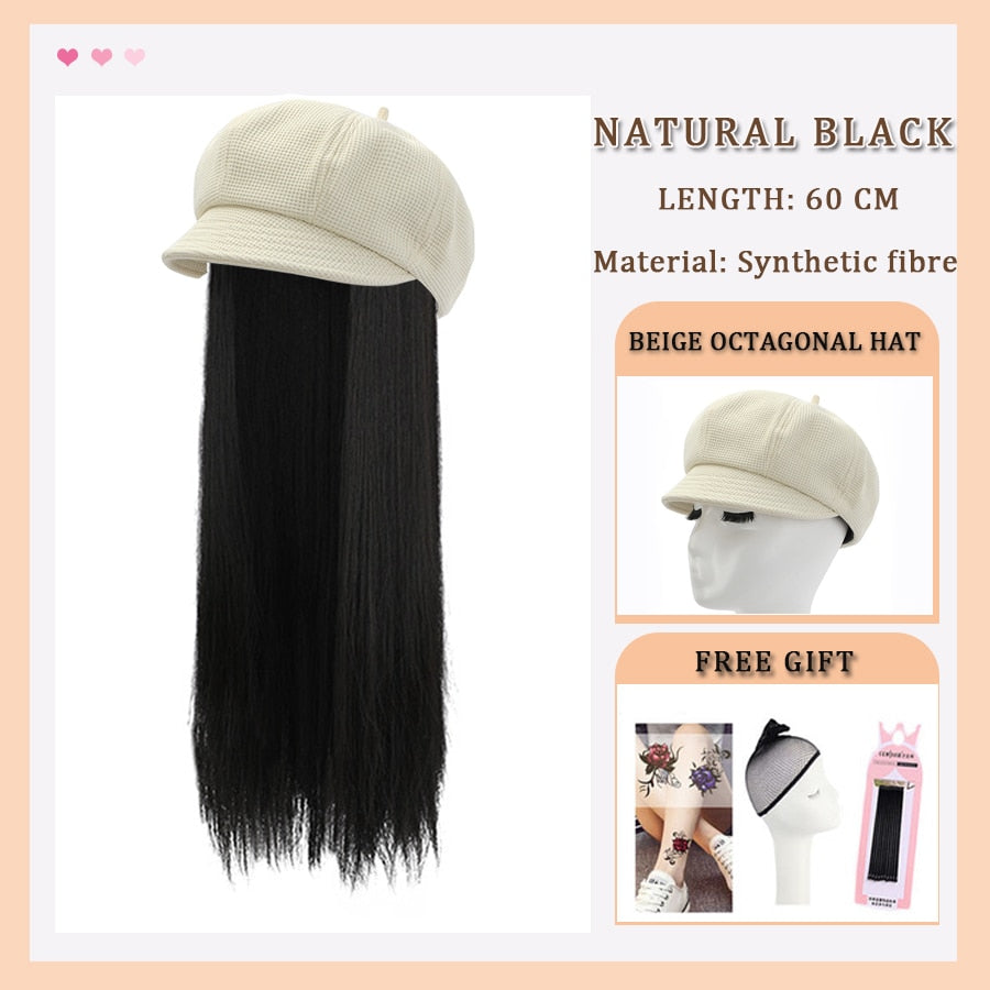 Black White Baseball Cap with Wig Long Straight Hair Curly Hair Hat Wig