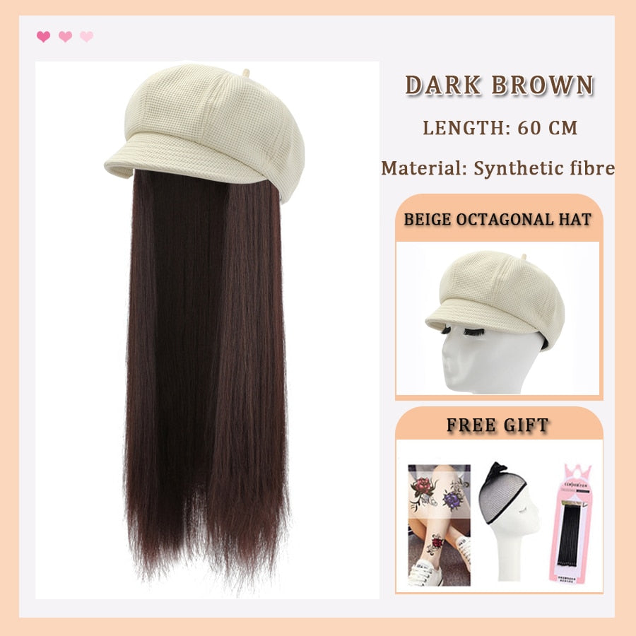 Black White Baseball Cap with Wig Long Straight Hair Curly Hair Hat Wig