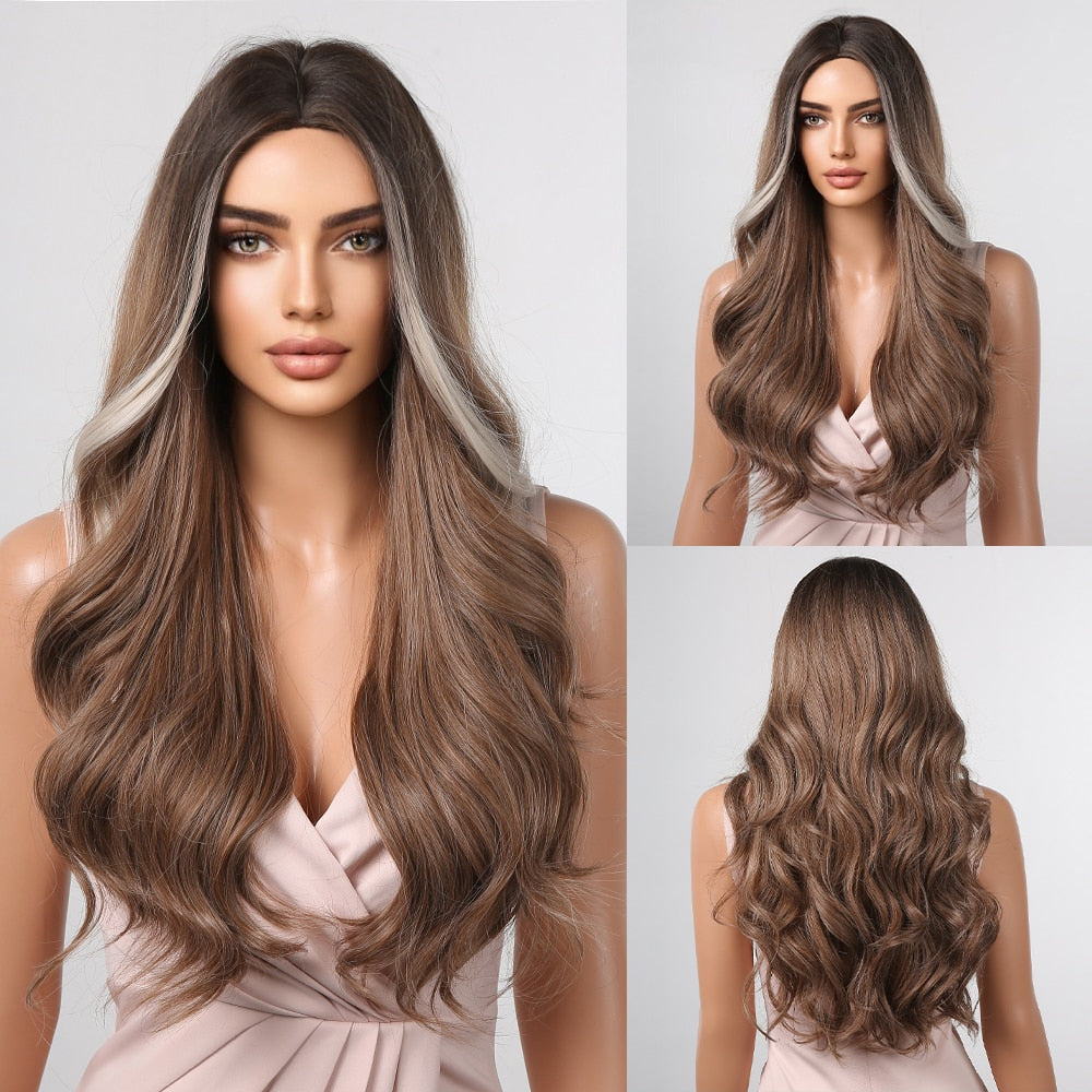 Natural Long Wavy Ombre Brown Blonde Highlight Synthetic Wigs