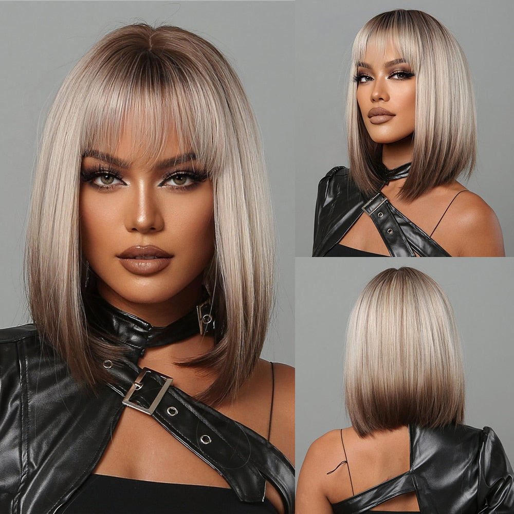 Orange Ombre Brown Short Straight Synthetic Wigs with Bangs