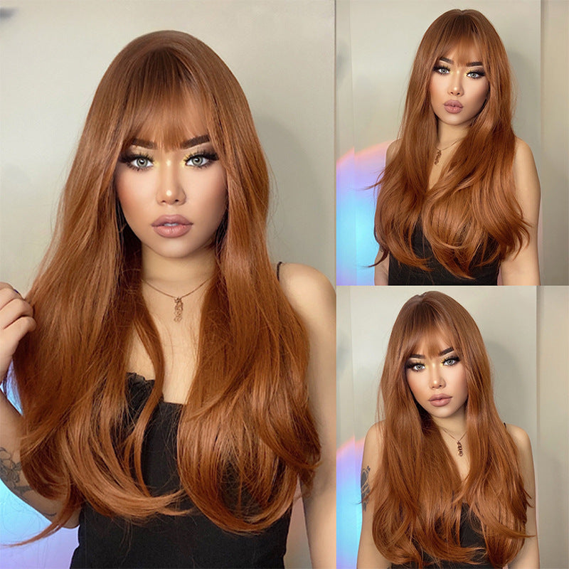 Red Copper Ginger Long Wavy Synthetic Wig with Bangs